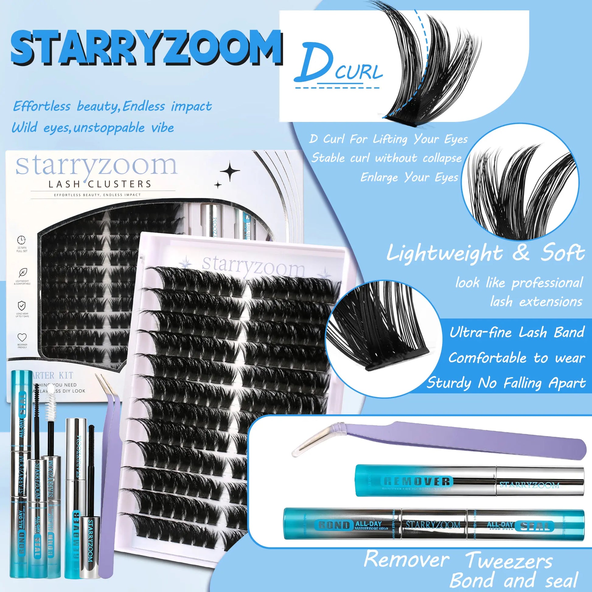 Lash Cluster Kit for DIY At-Home Eyelash Extensions, Complete Makeup Set with Bond, Seal, Remover, and Applicator, False Eyelashes for Adults, Cosmetic, All, Eye Makeup Tool, Clusters Lashes, Enhanced Lashes